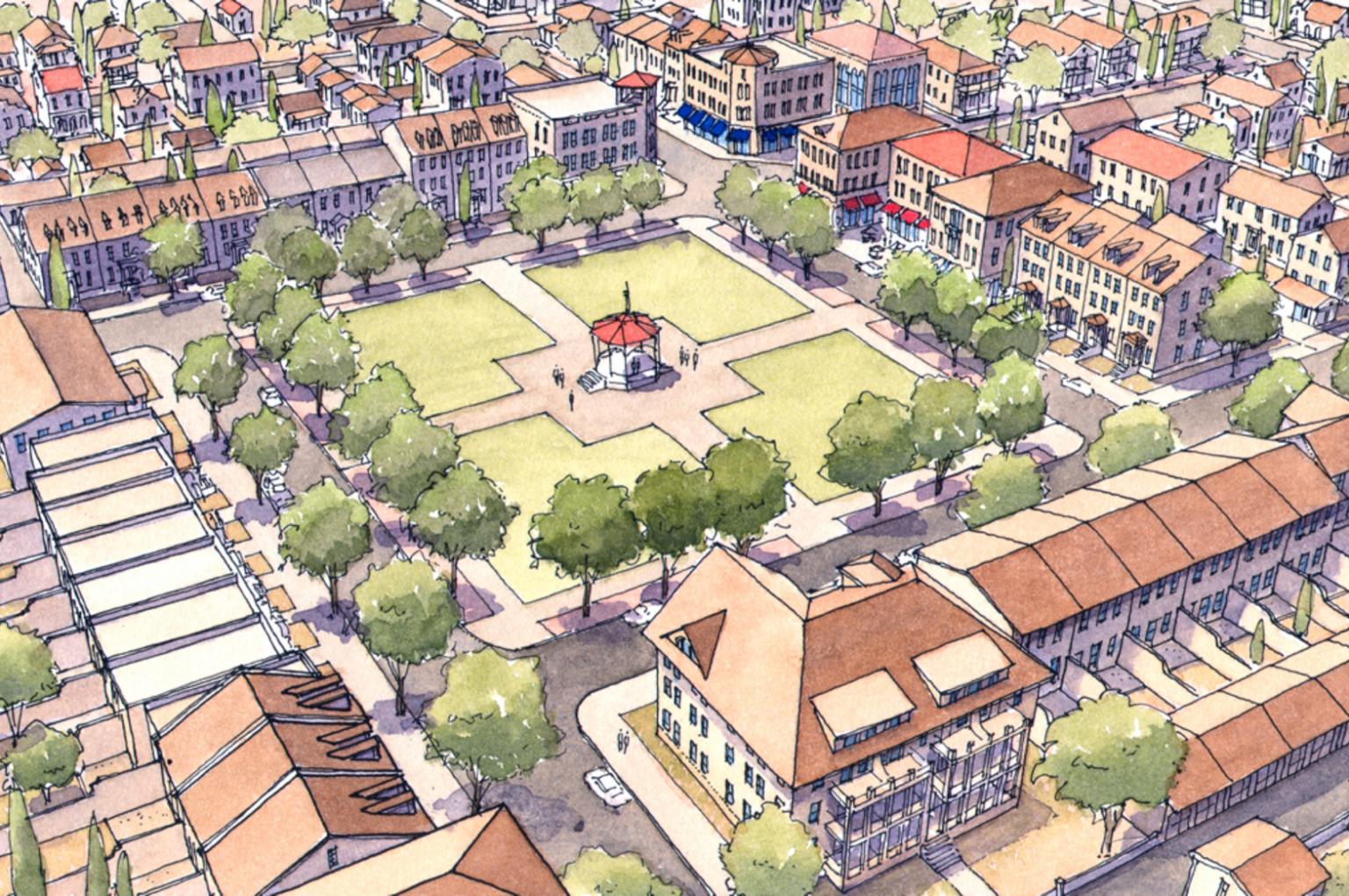 Dibujo conceptual a mano de una plaza urbana por Castillo Arquitectos